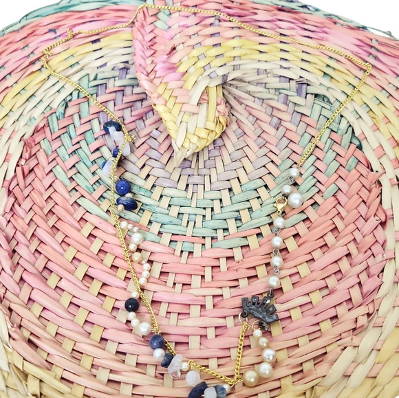 14k Gold Plated Faux Sapphire Clear Quartz Pearl Lapis Necklace - Picture 4 of 4